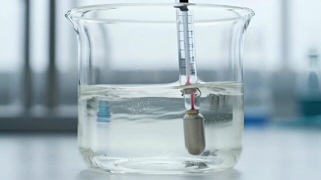 Laboratory Thermometer Measuring Temperature of Liquid in a Glass Beaker