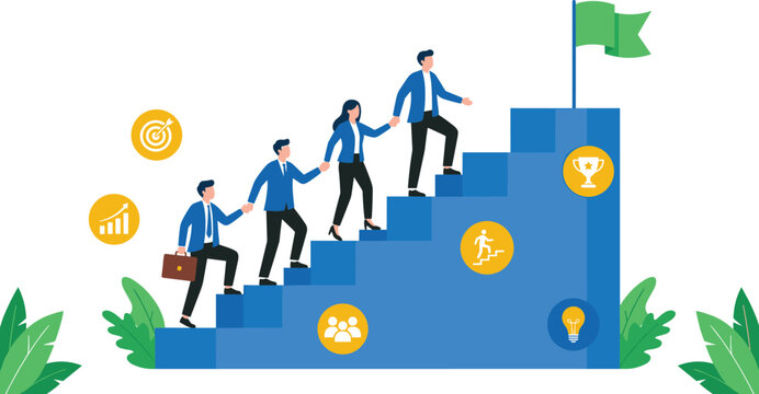 Flat illustration of business workers helping colleagues climb upward stairs towards a flag representing victory and progression