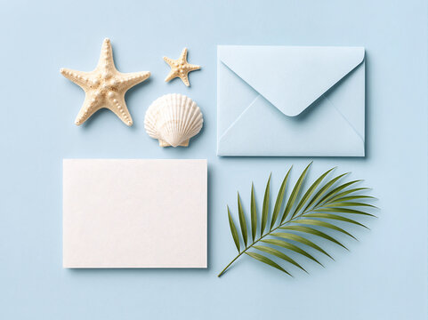 Beach stationery mockup with blank card, envelope, starfish, seashells and palm leaf on pastel blue background. Coastal wedding invitation, summer greeting card and tropical design concept