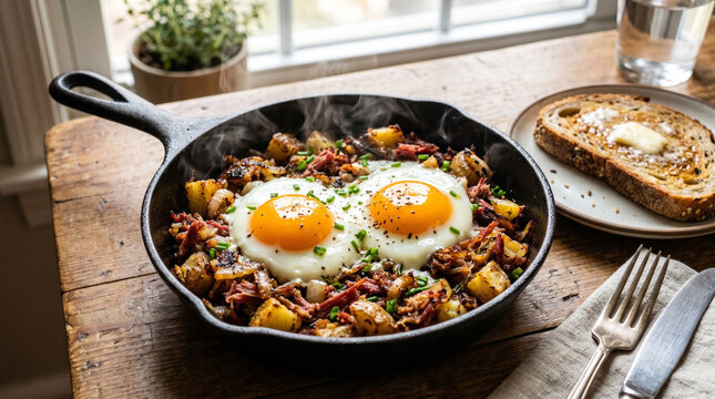 Hearty breakfast skillet with eggs, potatoes, and corned beef, served with toast on a wooden table