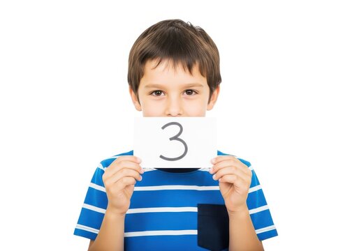 Young boy holding a card with the number three, wearing blue striped t-shirt, looking at camera, white background, education and learning concept, portrait.