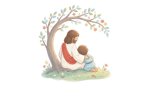 Jesus Sitting With a Child Beneath a Tree in a Peaceful Scene