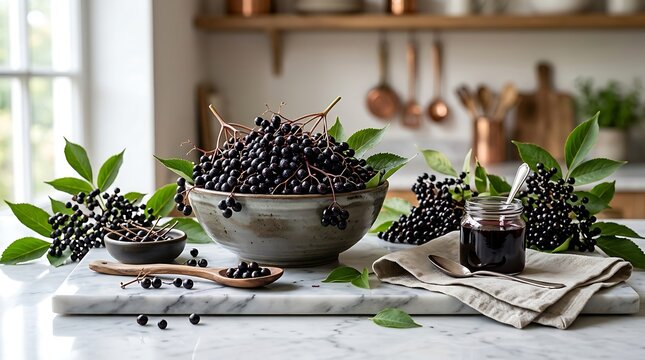 Freshly harvested black lace elderberry in a rustic bowl on a marble kitchen table with homemade berry syrup and foliage for a cozy culinary display