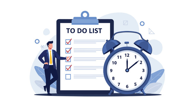 Organized businessman leaning against a giant to-do list next to a large alarm clock represents effective time management and task organization.