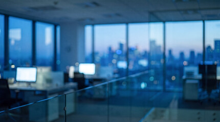 Fototapeta premium Blurry office interior with computers at twilight