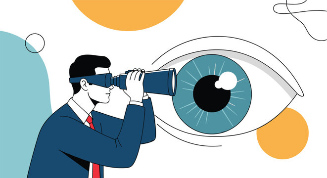 Businessman looking through binoculars at a giant human eye represents observation, surveillance, focus, and the search for deeper insights.