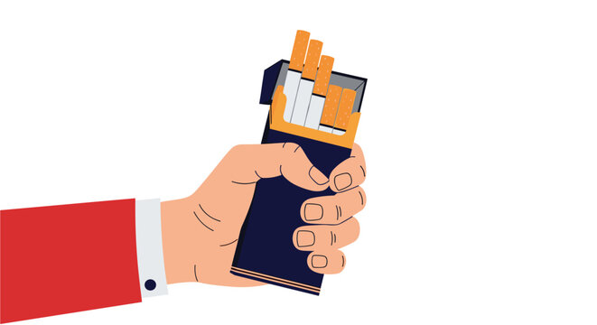 Close up of a human hand holding an open blue pack of cigarettes with orange filters for unhealthy smoking habit and health risk concept.