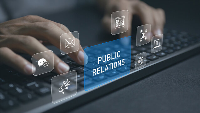 Public relations concept. Person typing keyboard with communication and media icons, brand reputation management, audience engagement and corporate communications.