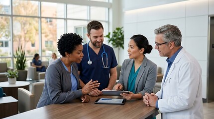 Fototapeta premium Medical team collaborating on a digital tablet in modern clinic lobby