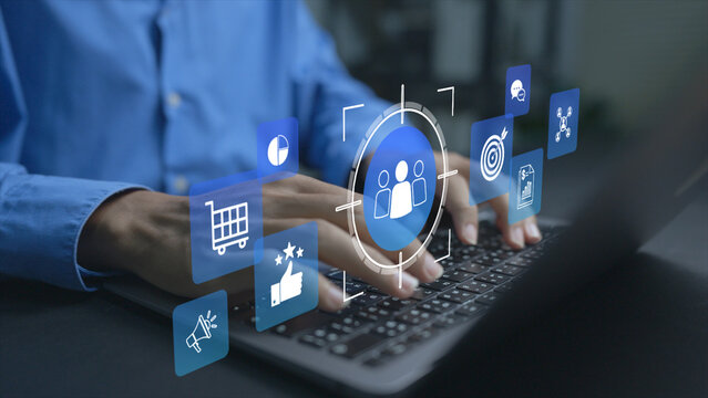 Customer insights concept. Person using laptop with customer analytics and data visualization icons, consumer behavior analysis, audience understanding and business intelligence.