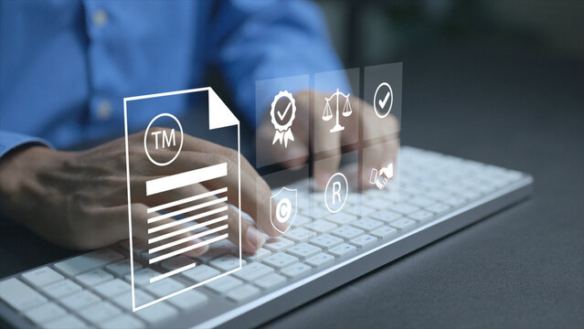 Trademark registration concept. Person typing keyboard with intellectual property and legal document icons, brand protection, trademark application and business compliance.