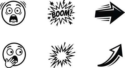 Comic Book Style Expression Icon Set with Shocked Emoji Boom Explosion Starburst and Fast Dynamic Arrow Stickers for Social Media Marketing Designs © Ashik 