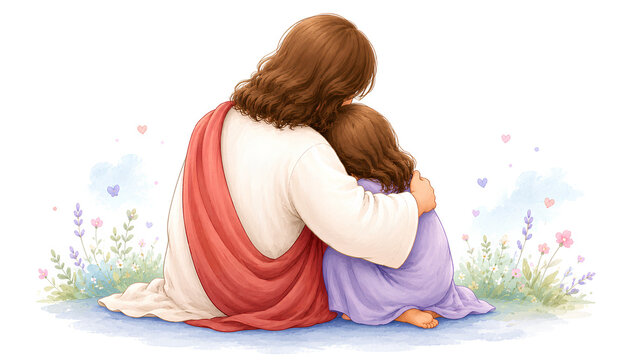 Jesus Hugging a Child in a Quiet Seated Moment of Comfort