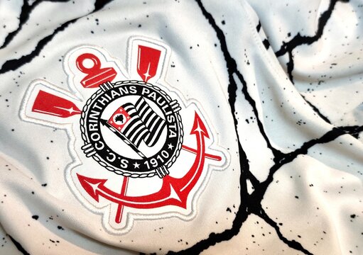 Photo of the embroidered emblem of SC Corinthians Paulista on the 2021 home kit. Corinthians is a Brazilian professional sports club based in Sao Paulo, in the district of Tatuape.
