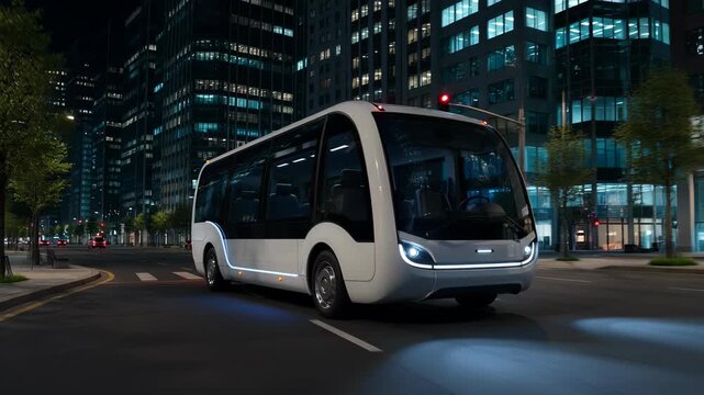 Futuristic Autonomous Electric Bus Driving on a City Street at Night