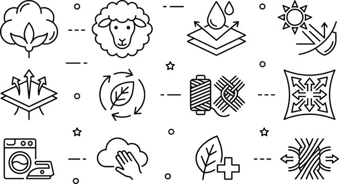 Fabric properties and textile material line icon set with cotton wool waterproof breathable and stretch elements