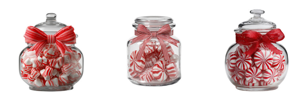 Set of Decorative glass gift jar packed with striped candy canes and peppermint sweets tied with bright red fabric ribbon on transparent png background. Ai generated