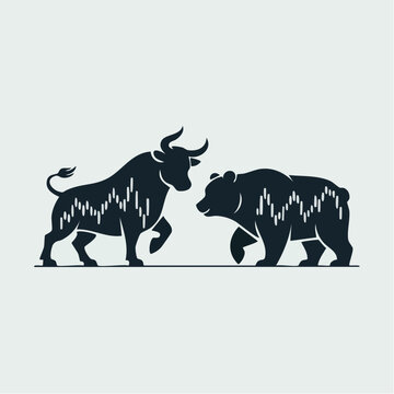 A stylized illustration depicts a bull and bear facing each other in a confrontational stance with graph patterns on their bodies.