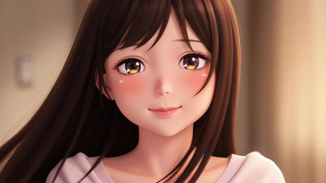Beautiful Anime Girl with Long Brown Hair Smiling in a Close-up Portrait
