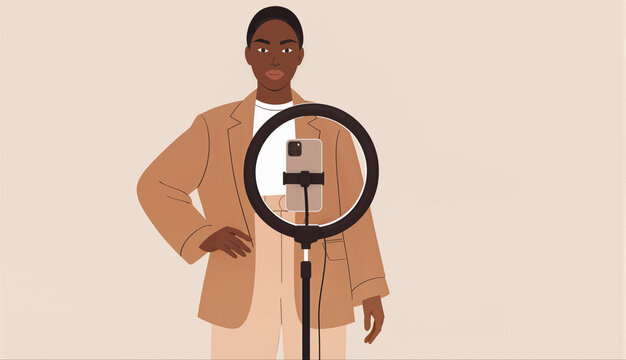 Influencer recording content with phone on tripod