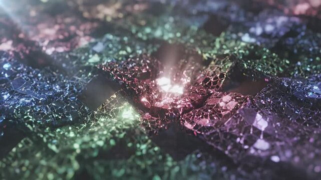 Abstract background of shimmering, faceted crystalline structures in various colors.