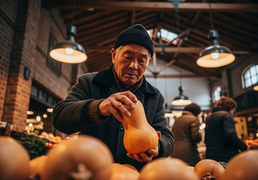 Low angle view of senior man choosing fresh butternut squash