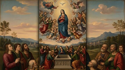 Assumption of mary religious painting with apostles and angels