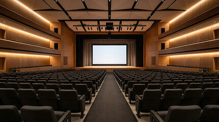 Naklejka premium Empty modern auditorium with rows of dark seats facing a bright projection screen