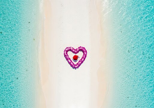 Aerial view of pink flower heart on white sandbar 6lkqh5t6y