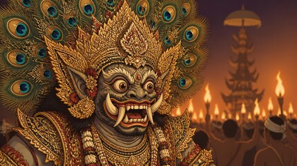 Fototapeta premium Intricate Ogohogoh Mask with Peacock Feathers and Torchlit Procession
