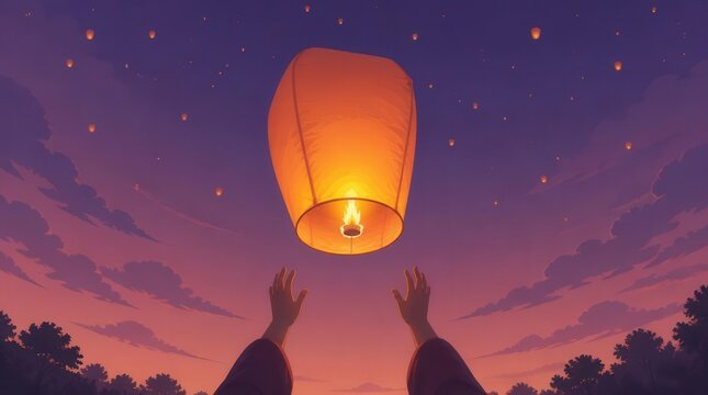 Sky Lanterns Ascend in Twilight Sky, Evoking Wishes and Serenity