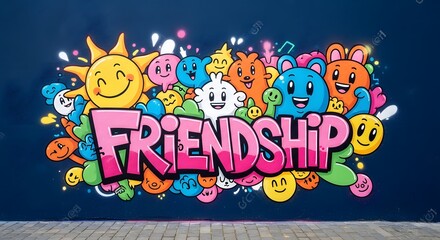 Fototapeta premium Colorful graffiti text Friendship with cartoon faces on wall
