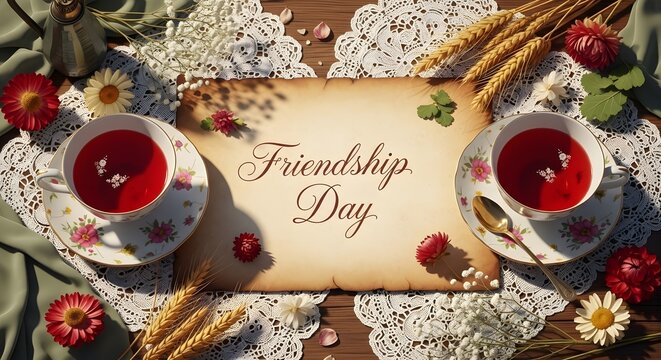Two tea cups on a table with flowers and a Friendship Day note
