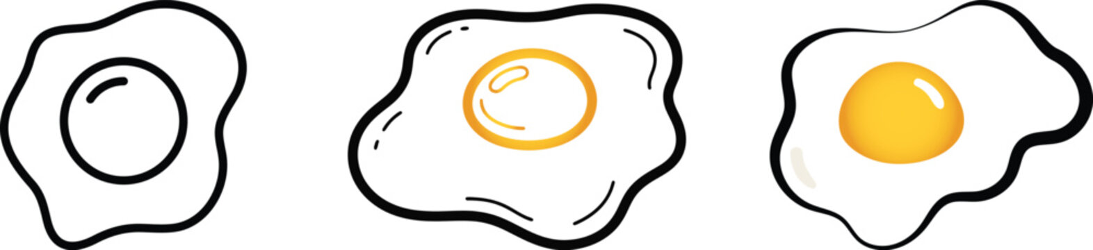 Egg icons vector set in line, flat style. Egg, sunny side up omelet fried egg symbol for cooking in restaurant. Fried egg line icon. Breakfast, yolk, protein. Farm food concept. for organic nutrition.