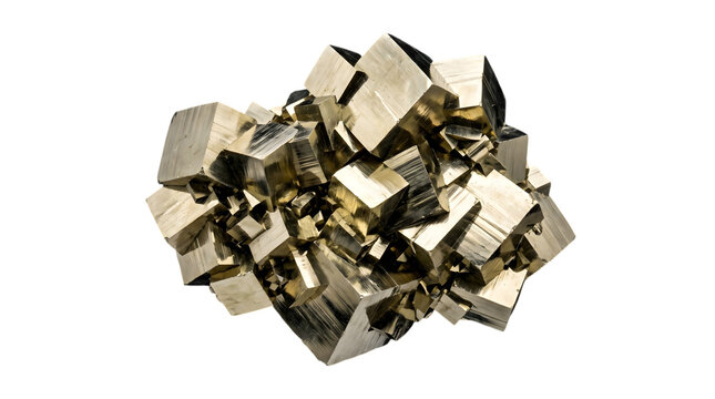 Cluster of pyrite crystals with metallic luster and cubic structure against a white background ideal for geology and mineralogy content