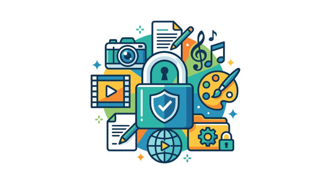 Digital content protection concept with lock and creative assets icons