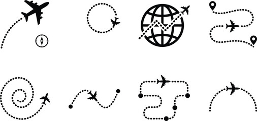 Aviation History and Airplane Silhouette Icon Set with Vintage Biplanes, Commercial Jets, and Military Fighter Aircraft Flying Dotted Travel Routes © MINARA