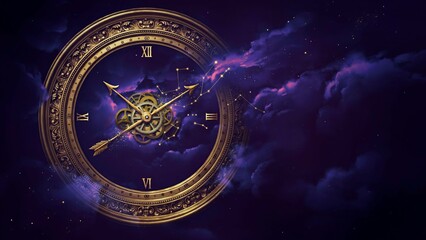 Fototapeta premium Vintage golden clock face with mechanical gears floating in space against a purple nebula background