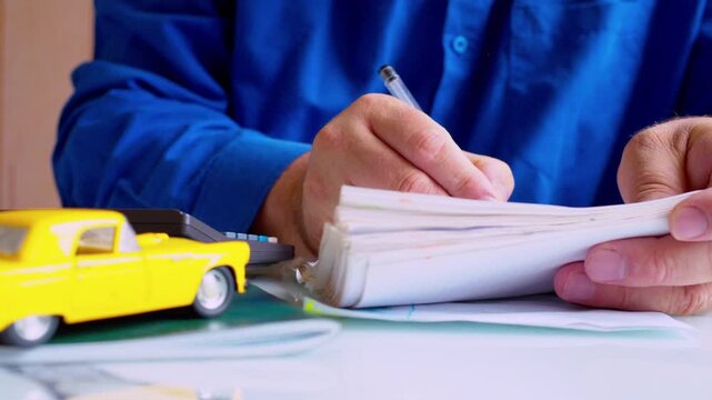 Businessman using calculator and writing notes in notepad at desk. Focus on hands, yellow toy car on table. Close up, shallow depth of field, natural daylight. Auto business financial planning