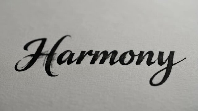 Calligraphy word Harmony written in elegant black ink script on white textured paper