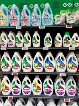 13.06.2026 Bulgaria Varna Supermarket shelves with Ariel liquid laundry detergent bottles, editorial household cleaning retail concept