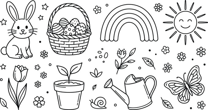 Spring and easter line icon set with bunny basket eggs rainbow butterfly flower pot and sun