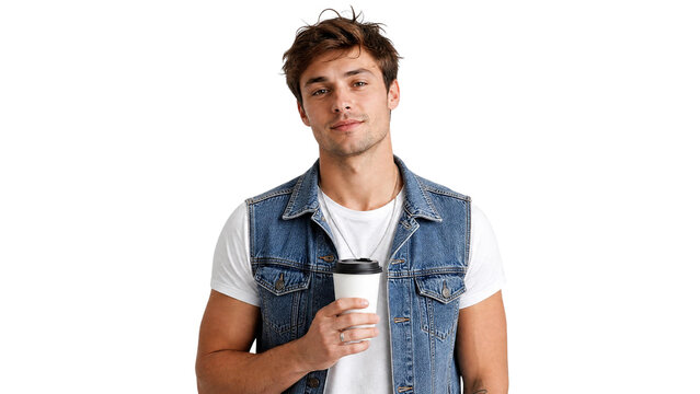 Handsome Young Man in Trendy Denim Vest Holding Disposable Coffee Cup Isolated