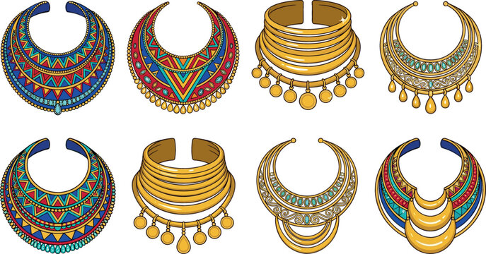 Ancient egyptian gold collar necklaces and tribal choker jewelry set featuring colorful bohemian details and geometric patterns vector illustration isolated on white background.
