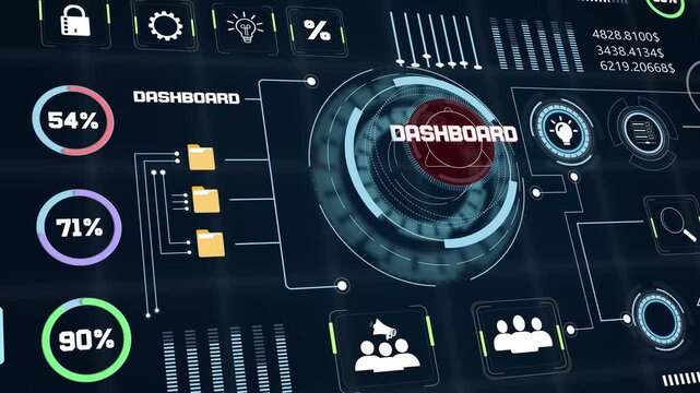 Business interface animation featuring corporate statistical data graphics with financial percentage growth and analytics info