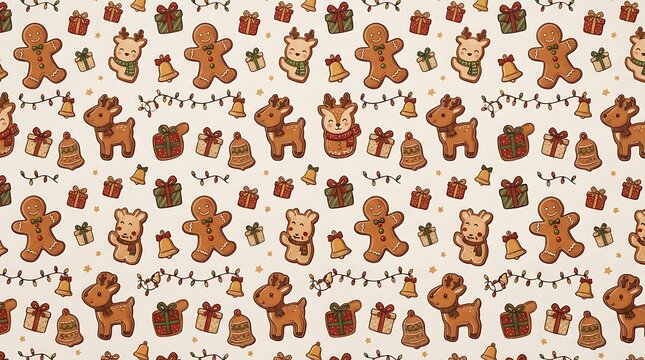 Festive gingerbread cookies seamless pattern with reindeer and bells