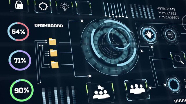 Corporate management display showing financial analytics data alongside animated business statistic charts and progress info