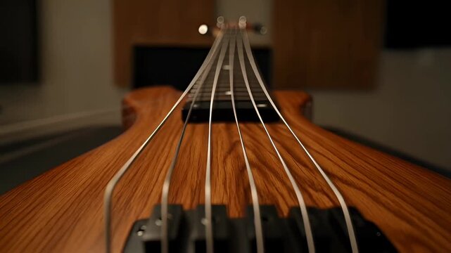 Close-up of a modern fretless wooden bass guitar strings and fretboard