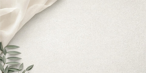 Fototapeta premium Minimalist background with beige fabric and delicate green leaves on textured light surface flat lay minimalist background textured aesthetic