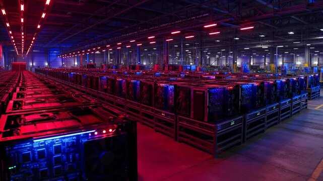Large Scale Cryptocurrency Mining Farm Facility with Rows of High Performance GPU Servers